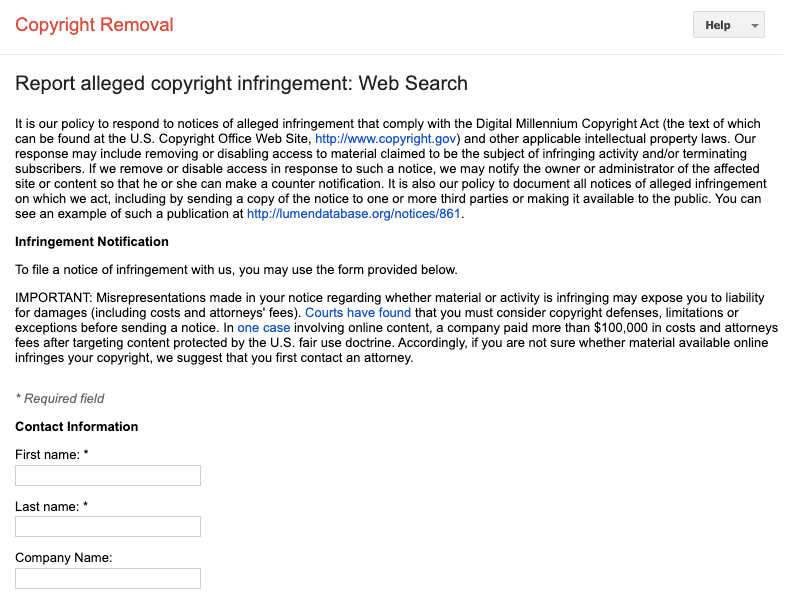 Copyright Infringement Takedown by Google