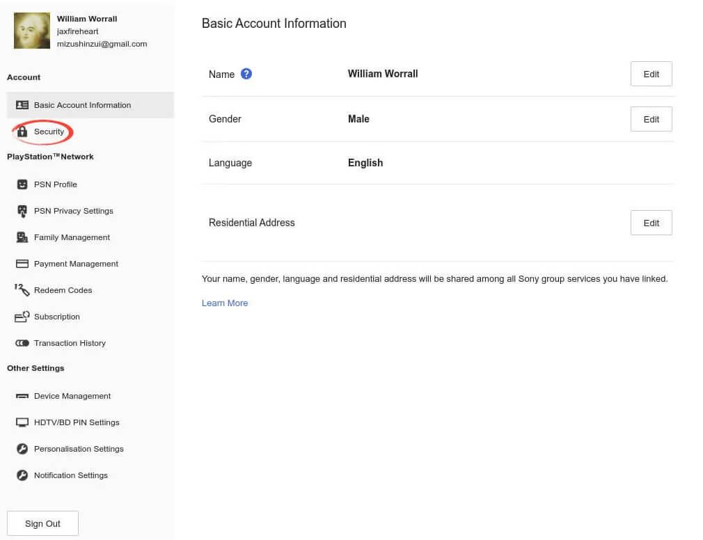 sony account settings