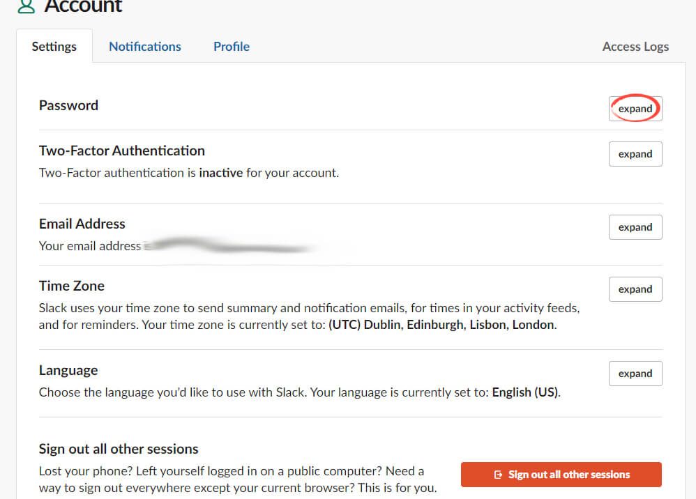 Slack tutorial account page